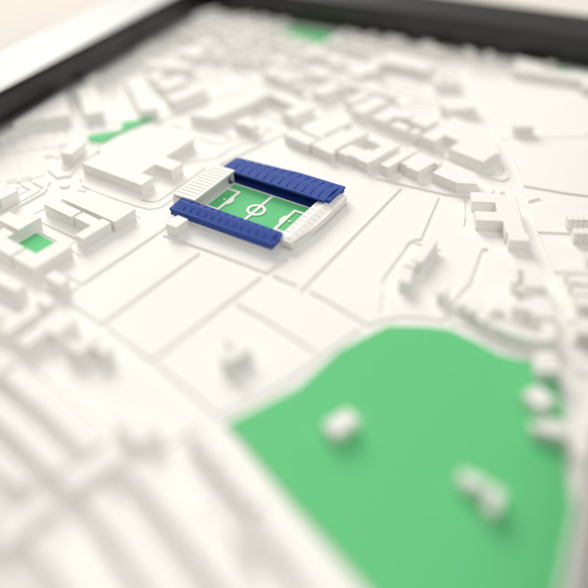 3D Fratton Park Map Framed - Close-up across the 3D map showing the Fratton Park stands and green pitch standing up from the streets