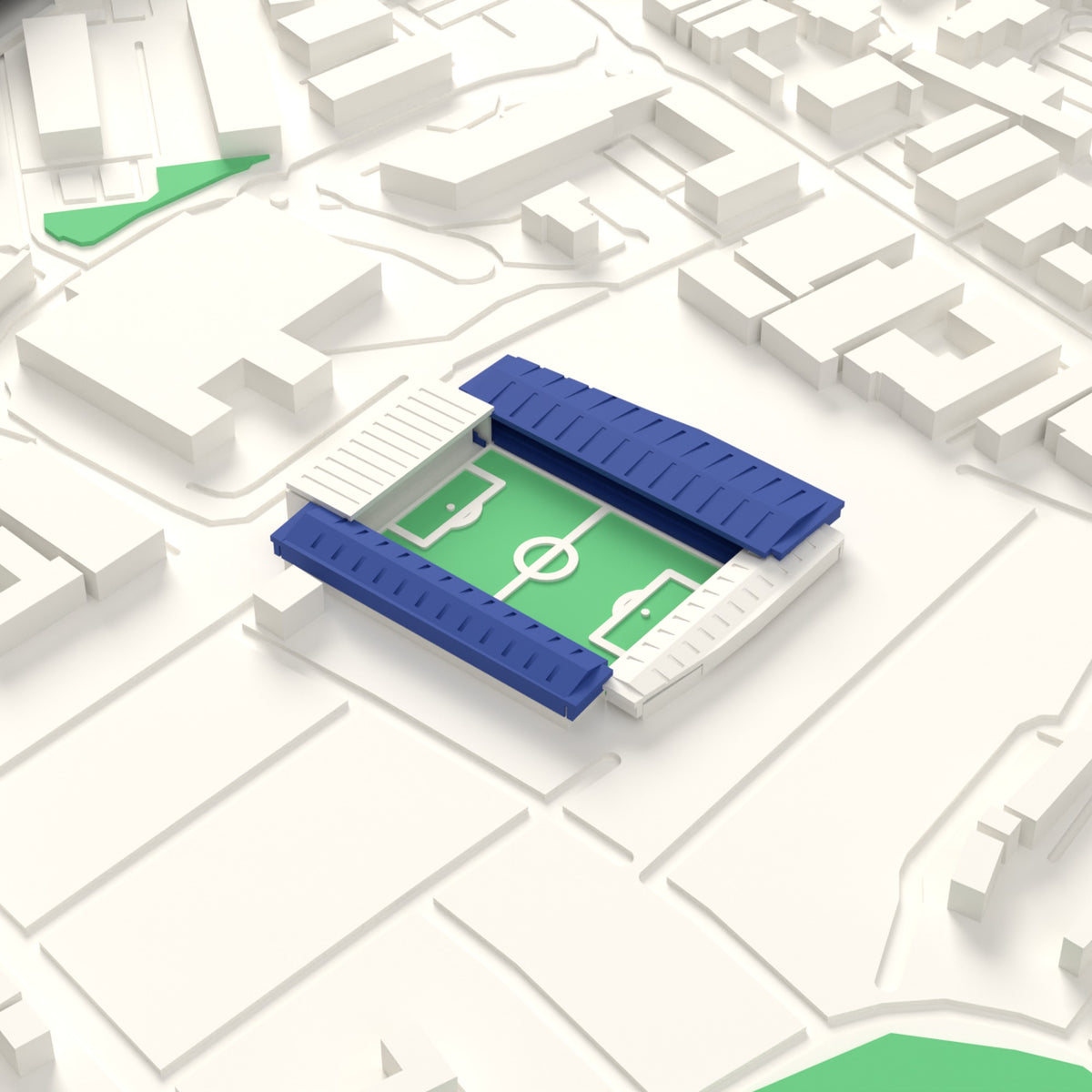 3D Fratton Park Map Framed - Fratton Park on the 3D printed map, seen from above the corner of the ground