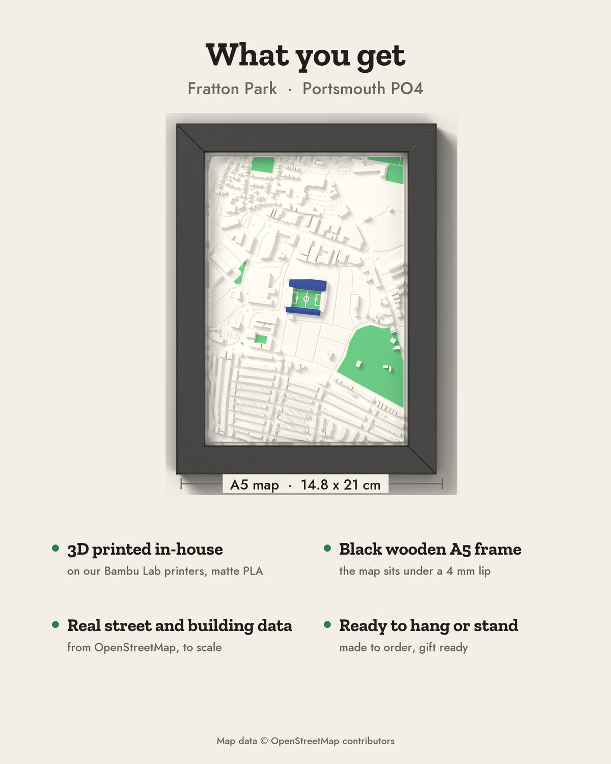3D Fratton Park Map Framed - What you get: A5 3D stadium map, 14.8 x 21 cm, in a black wooden frame