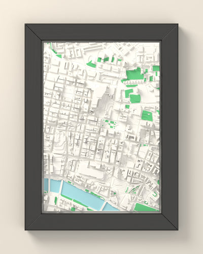 3D Glasgow Map Framed - 3D printed Glasgow map in a black wooden A5 frame, lit from the side