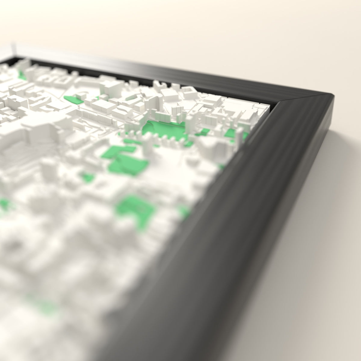 3D Glasgow Map Framed - Close-up across the 3D Glasgow map showing the raised streets and buildings