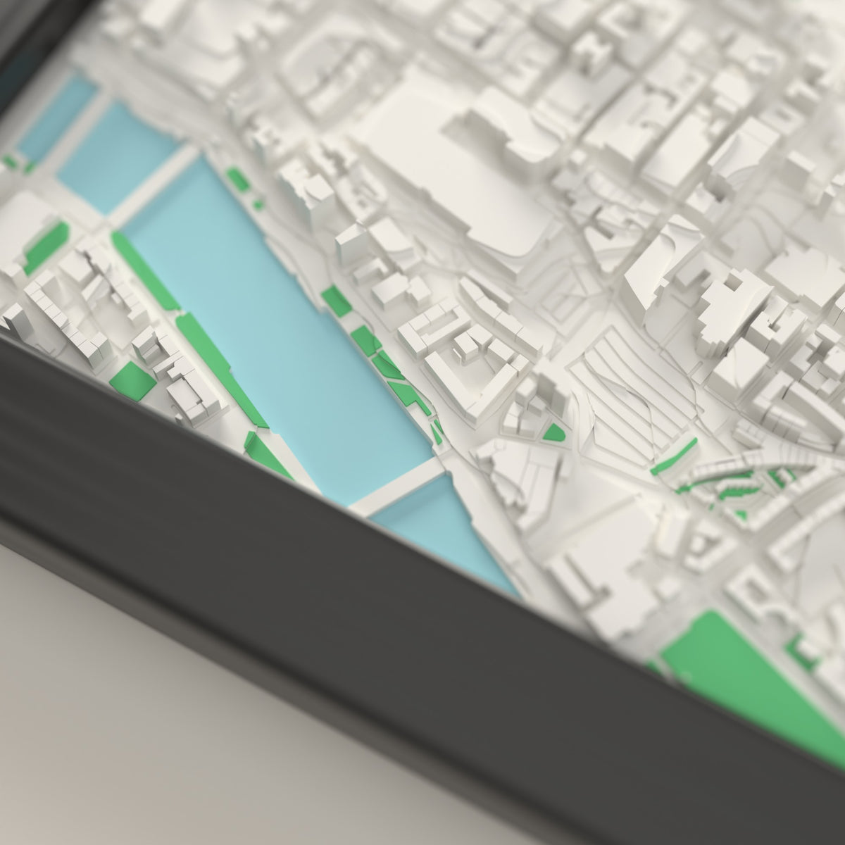 3D Glasgow Map Framed - Close-up of the raised streets of Glasgow on the 3D printed map