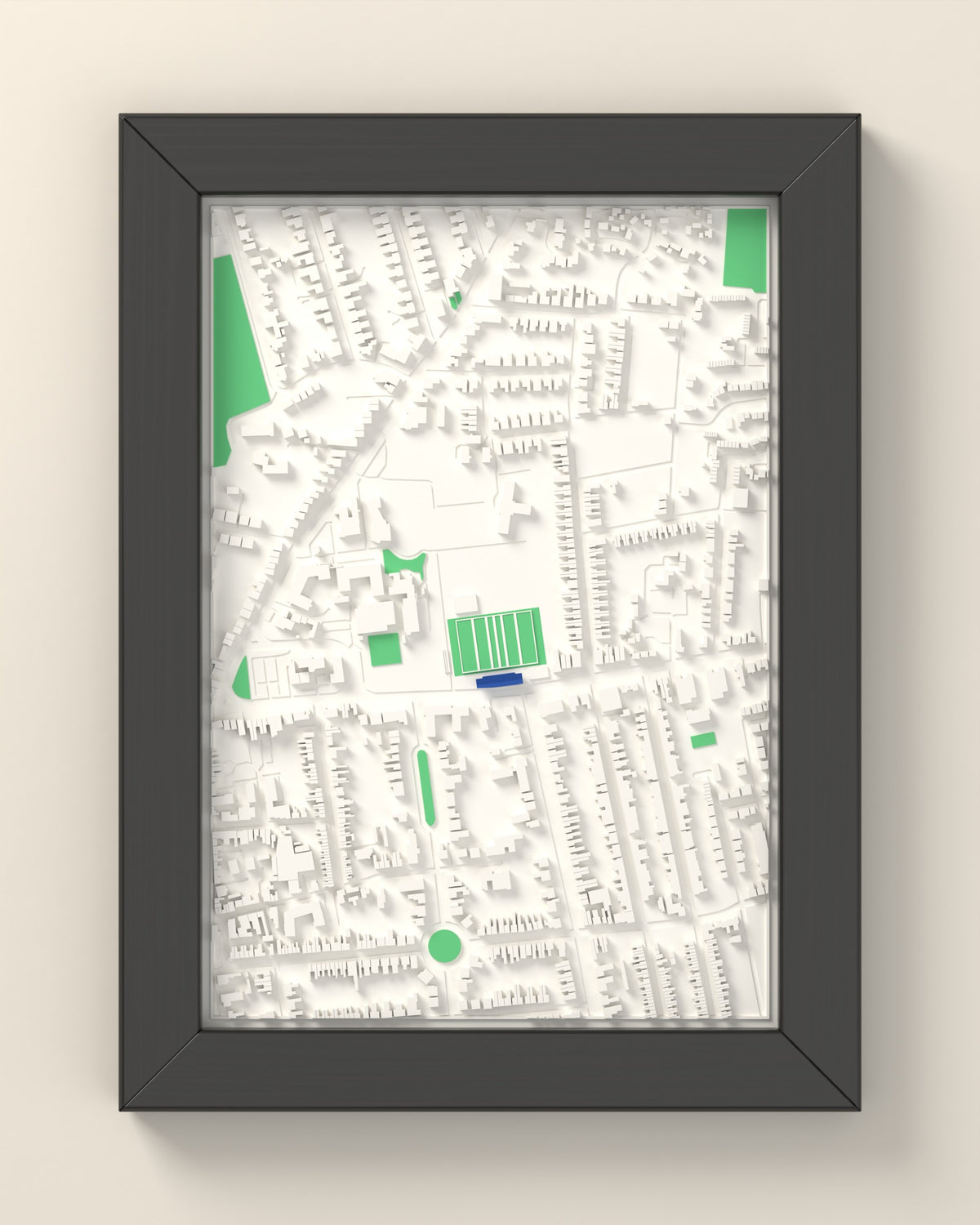 3D Goldington Road Map Framed - 3D printed Goldington Road map in a black wooden A5 frame, lit from the side