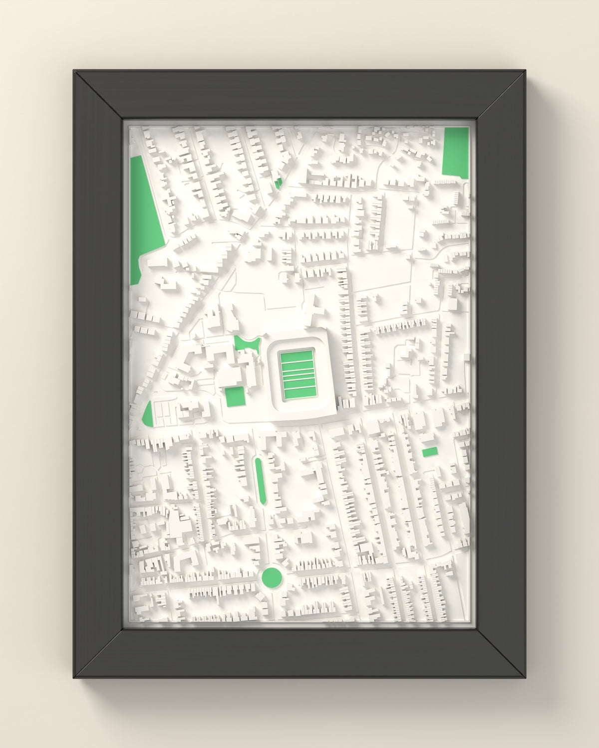 3D Goldington Road Map Framed - 3D printed Goldington Road map in a black wooden A5 frame, lit from the side