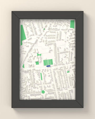 3D Goldington Road Map Framed - 3D printed Goldington Road map in a black wooden A5 frame, lit from the side