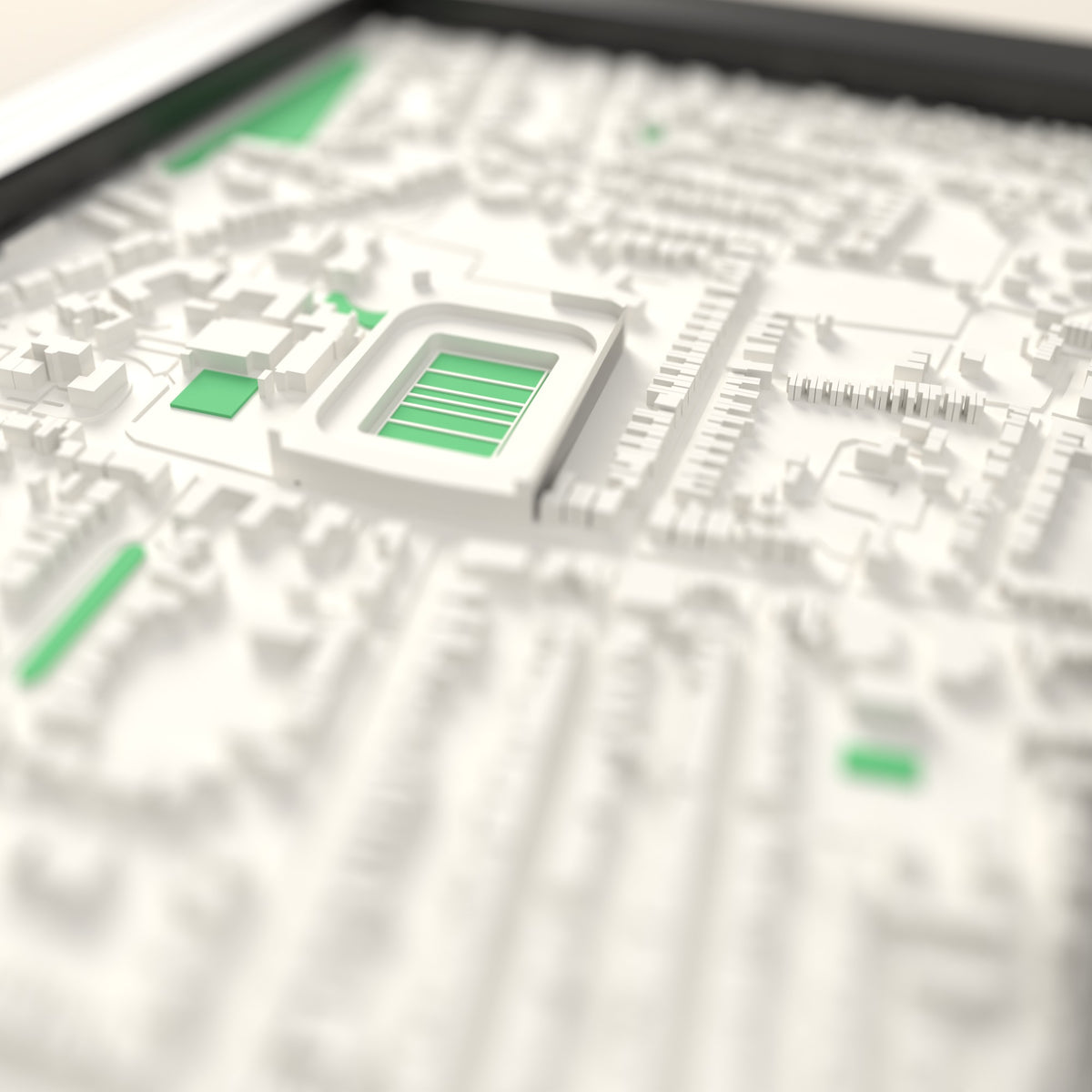3D Goldington Road Map Framed - Close-up across the 3D map showing the Goldington Road stands and green pitch standing up from the streets