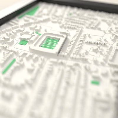 3D Goldington Road Map Framed - Close-up across the 3D map showing the Goldington Road stands and green pitch standing up from the streets