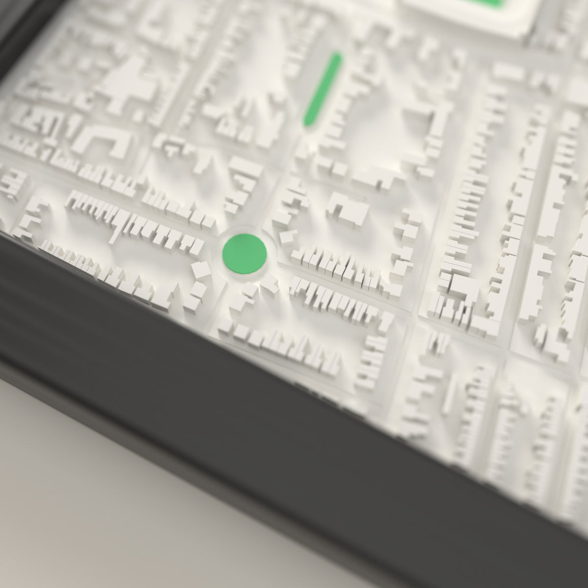 3D Goldington Road Map Framed - Close-up of the raised streets and buildings around Goldington Road on the 3D printed map