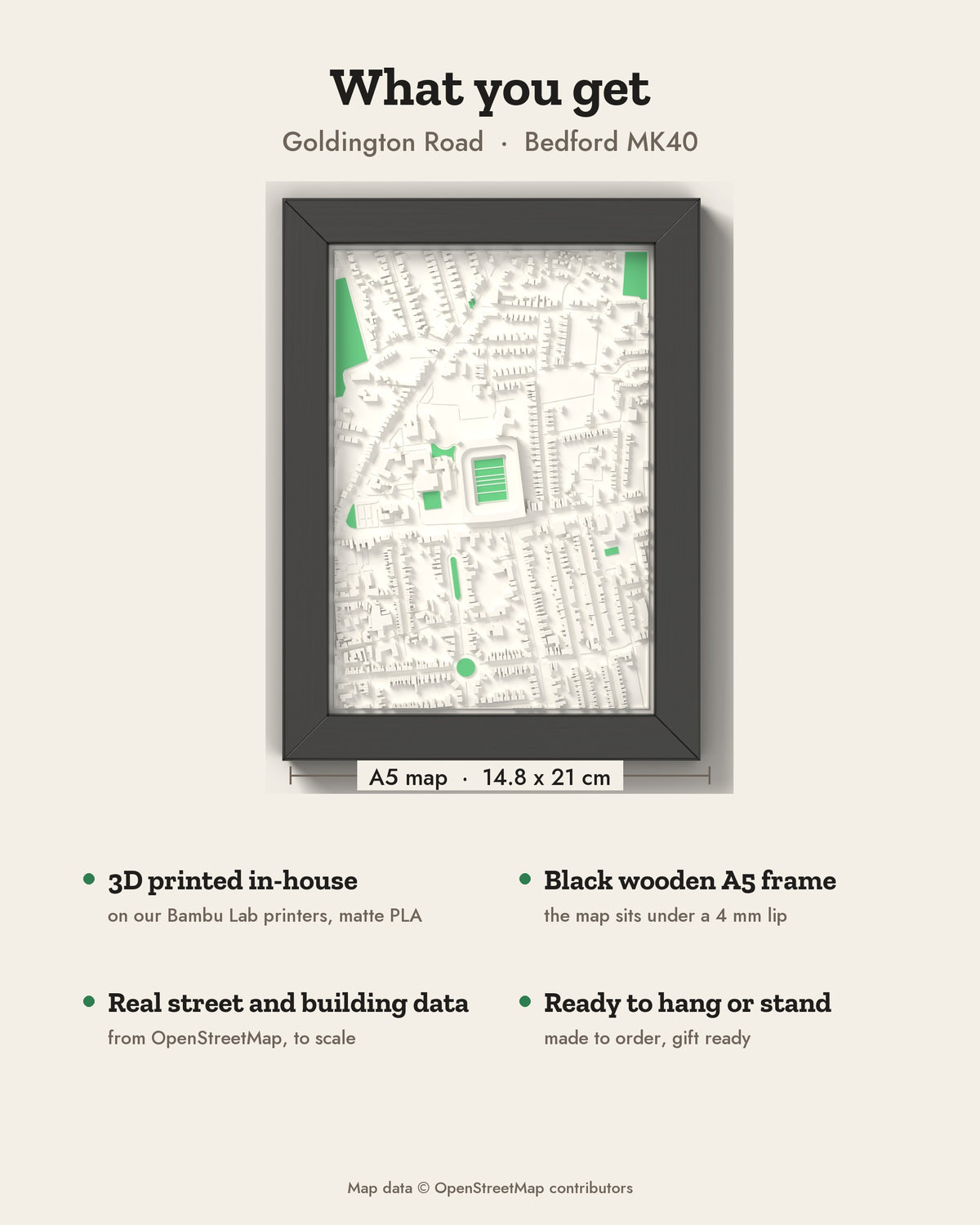 3D Goldington Road Map Framed - What you get: A5 3D stadium map, 14.8 x 21 cm, in a black wooden frame