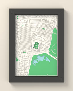 3D Goodison Park Map Framed - 3D printed Goodison Park map in a black wooden A5 frame, lit from the side