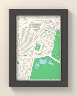 3D Goodison Park Map Framed - 3D printed Goodison Park map in a black wooden A5 frame, lit from the side