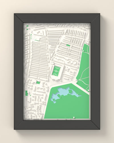 3D Goodison Park Map Framed - 3D printed Goodison Park map in a black wooden A5 frame, lit from the side