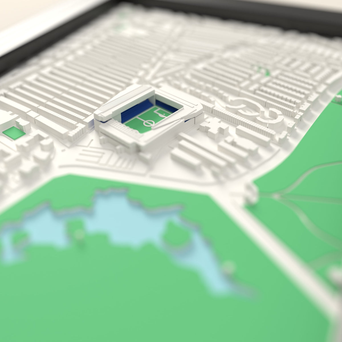 3D Goodison Park Map Framed - Close-up across the 3D map: the real Goodison Park stands with royal blue seats around the green pitch