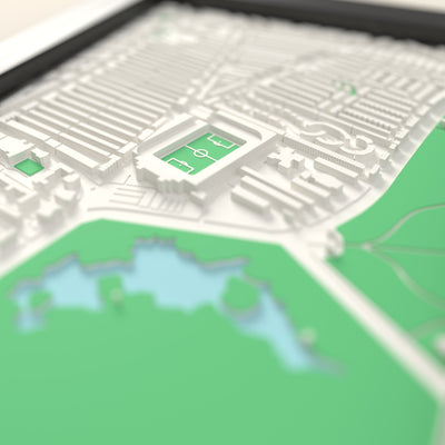 3D Goodison Park Map Framed - Close-up across the 3D map showing the Goodison Park stands and green pitch standing up from the streets