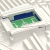 3D Goodison Park Map Framed - Close-up of the 3D printed Goodison Park: the big Main Stand roof, the roof-light strips on the Bullens Road and Gwladys Street roofs and blue seats