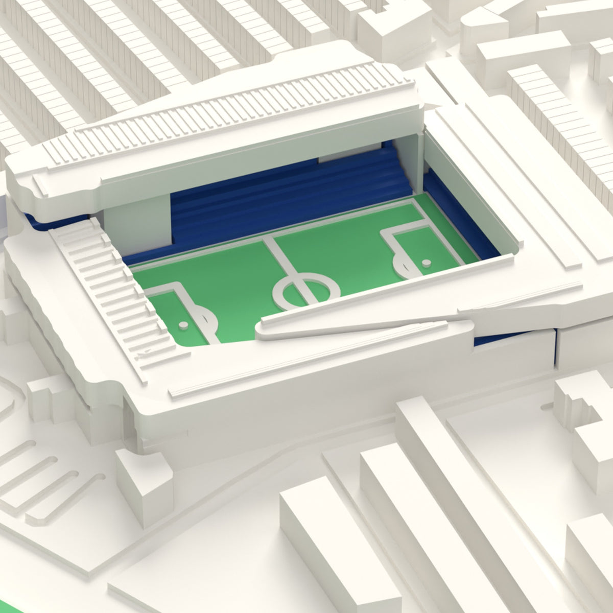 3D Goodison Park Map Framed - Close-up of the 3D printed Goodison Park: the big Main Stand roof, the roof-light strips on the Bullens Road and Gwladys Street roofs and blue seats