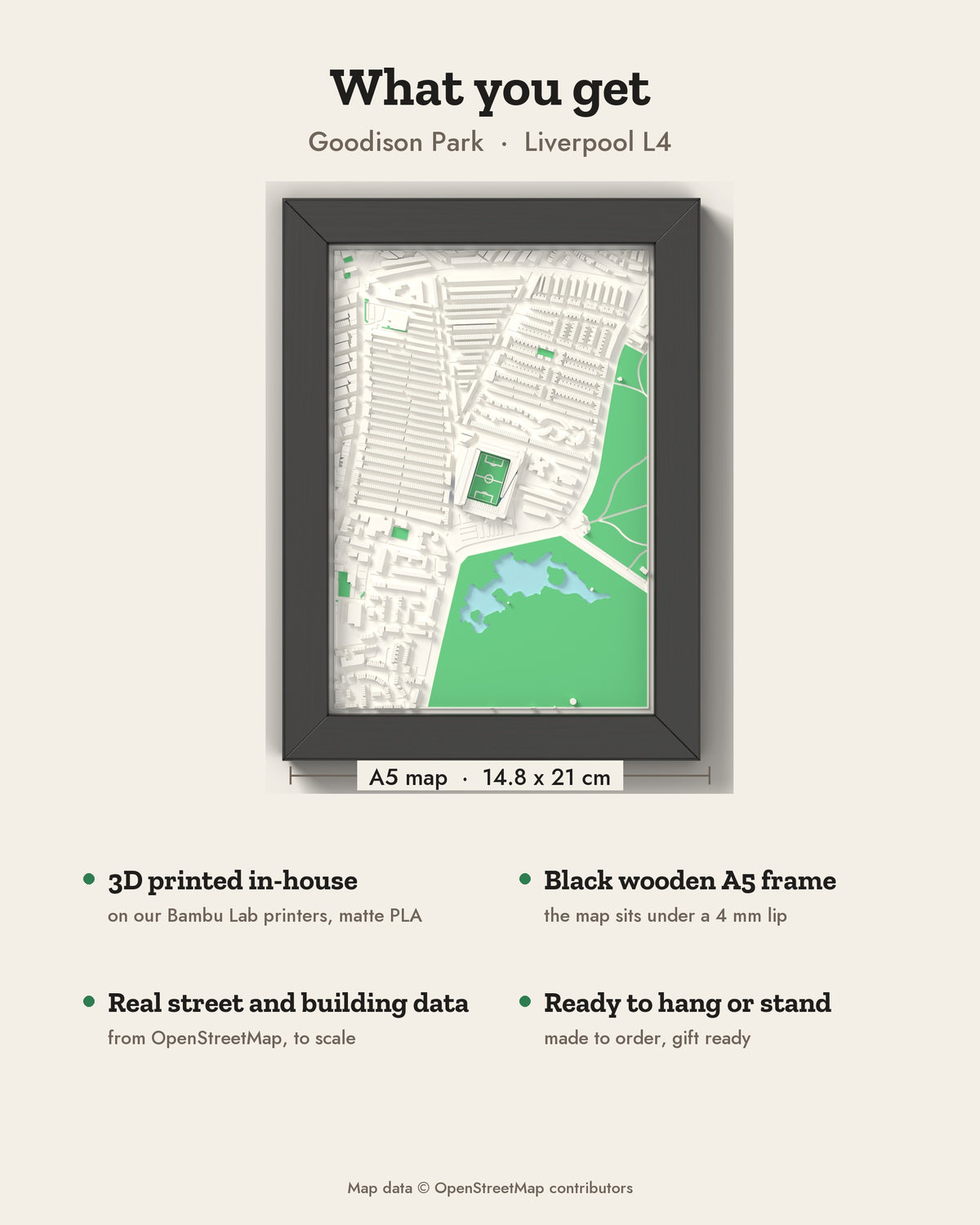 3D Goodison Park Map Framed - What you get: A5 3D stadium map, 14.8 x 21 cm, in a black wooden frame
