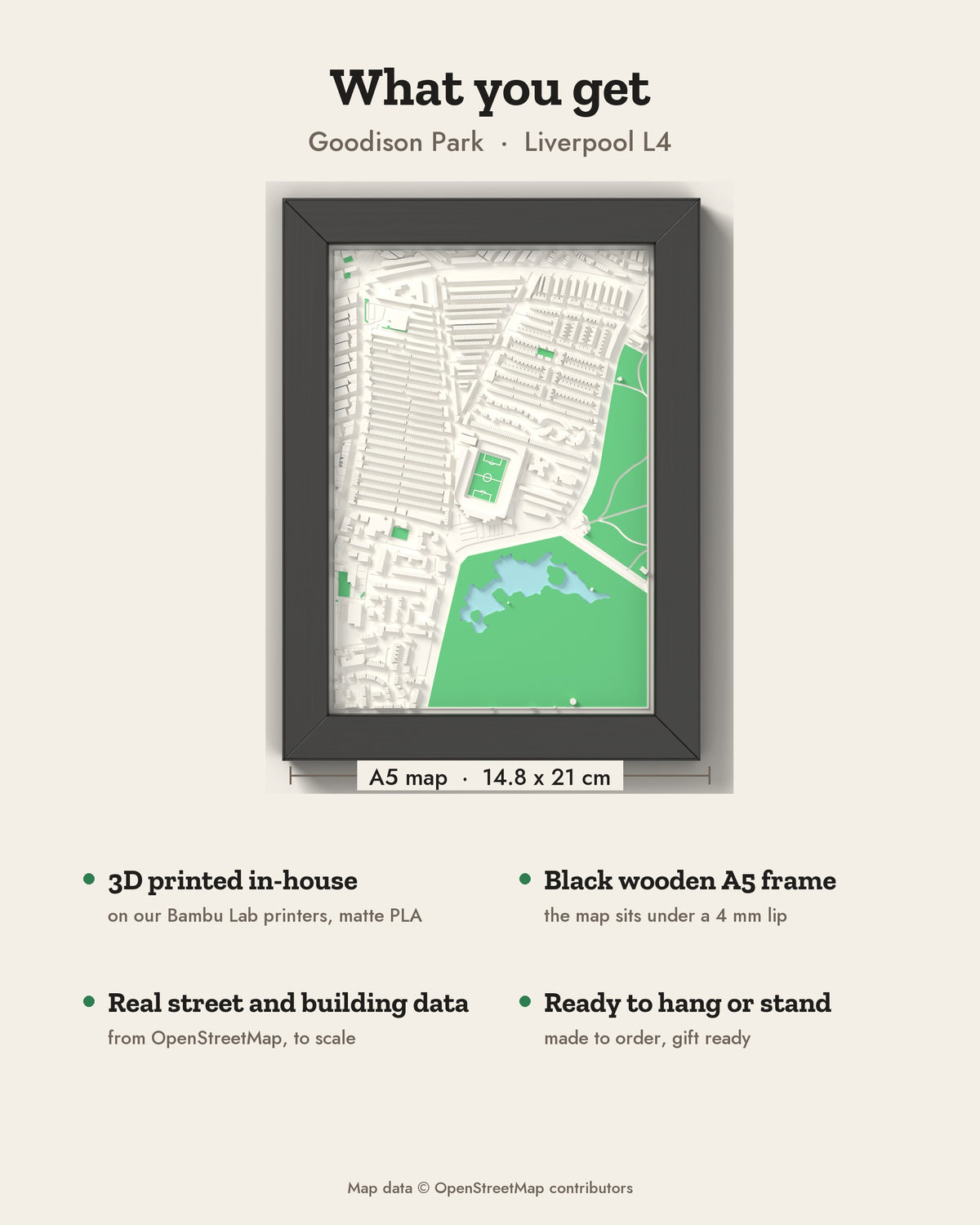 3D Goodison Park Map Framed - What you get: A5 3D stadium map, 14.8 x 21 cm, in a black wooden frame