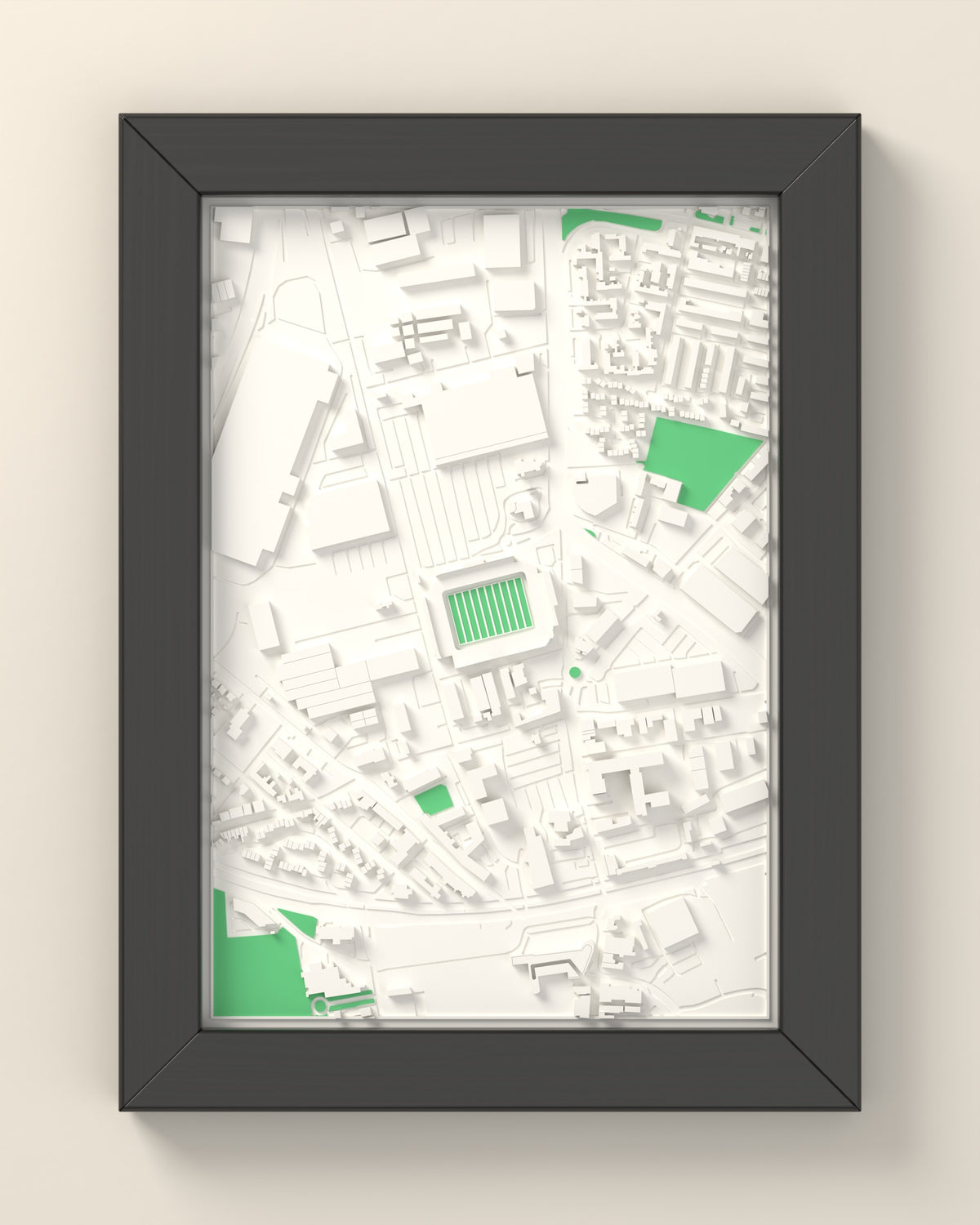 3D Halliwell Jones Stadium Map Framed - 3D printed Halliwell Jones Stadium map in a black wooden A5 frame, lit from the side