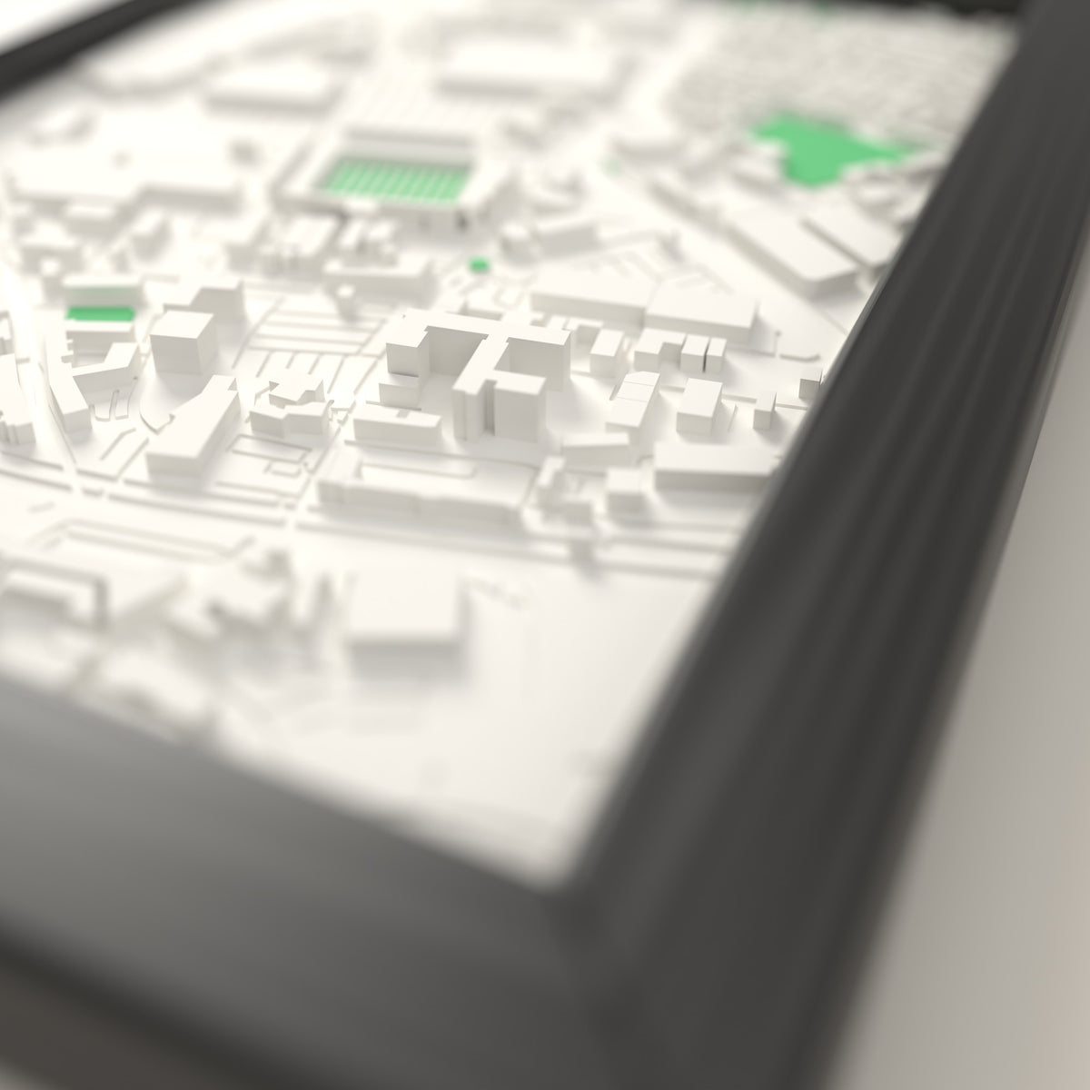 3D Halliwell Jones Stadium Map Framed - Close-up across the 3D map showing the Halliwell Jones Stadium stands and green pitch standing up from the streets