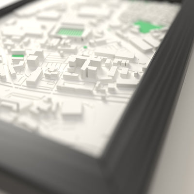 3D Halliwell Jones Stadium Map Framed - Close-up across the 3D map showing the Halliwell Jones Stadium stands and green pitch standing up from the streets