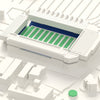 3D Halliwell Jones Stadium Map Framed - Close-up of the 3D printed Halliwell Jones Stadium: the plain white roofs, the masts and stays on the main stand and blue seats