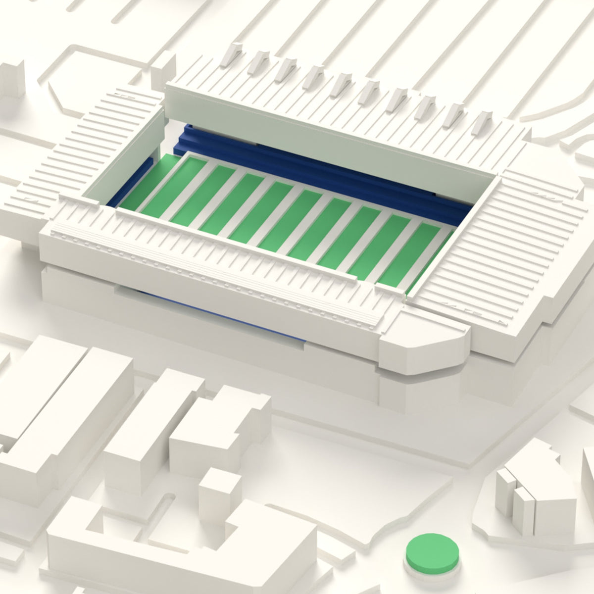 3D Halliwell Jones Stadium Map Framed - Close-up of the 3D printed Halliwell Jones Stadium: the plain white roofs, the masts and stays on the main stand and blue seats