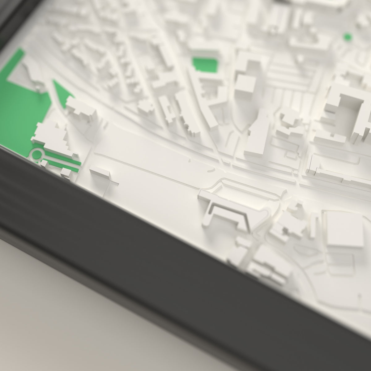 3D Halliwell Jones Stadium Map Framed - Close-up of the raised streets and buildings around Halliwell Jones Stadium on the 3D printed map