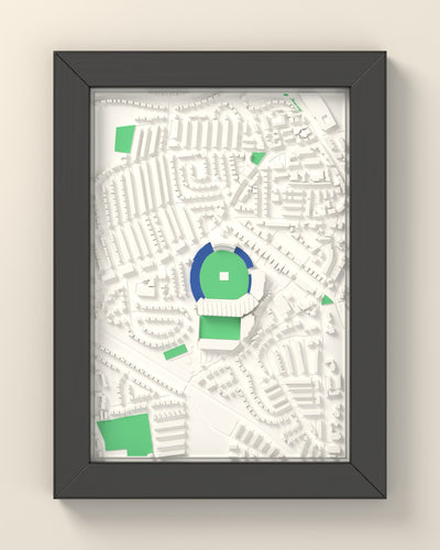 3D Headingley Cricket Ground Map Framed - 3D printed Headingley map in a black wooden A5 frame, lit from the side