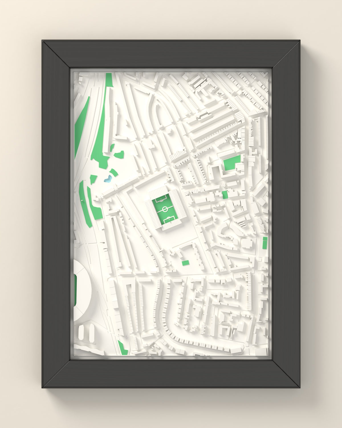 3D Highbury Map Framed - 3D printed Highbury lost ground map in a black wooden A5 frame, lit from the side