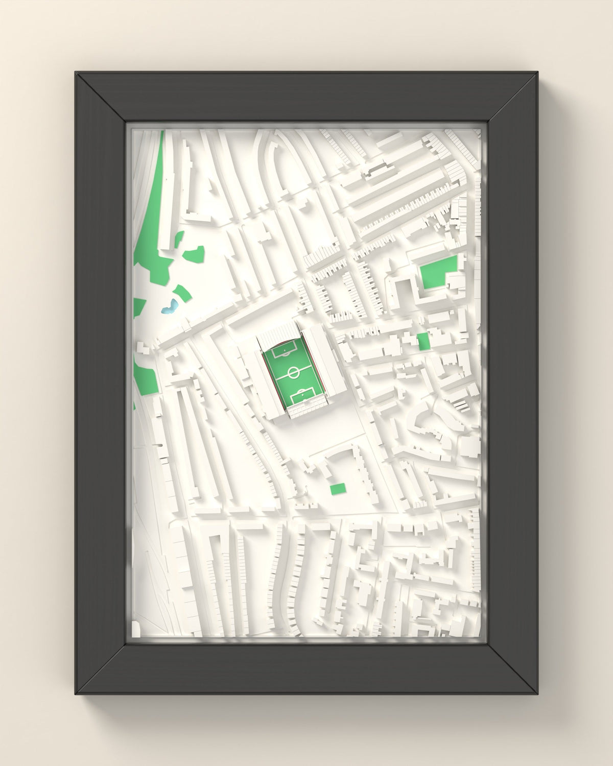 3D Highbury Map Framed - 3D printed Highbury lost ground map in a black wooden A5 frame, lit from the side