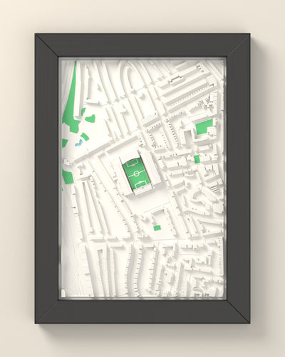 3D Highbury Map Framed - 3D printed Highbury lost ground map in a black wooden A5 frame, lit from the side