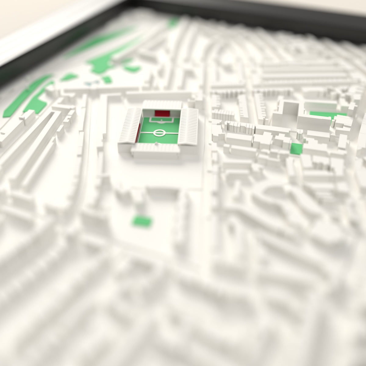 3D Highbury Map Framed - Close-up across the 3D map showing the old Highbury stands and green pitch standing up from the streets