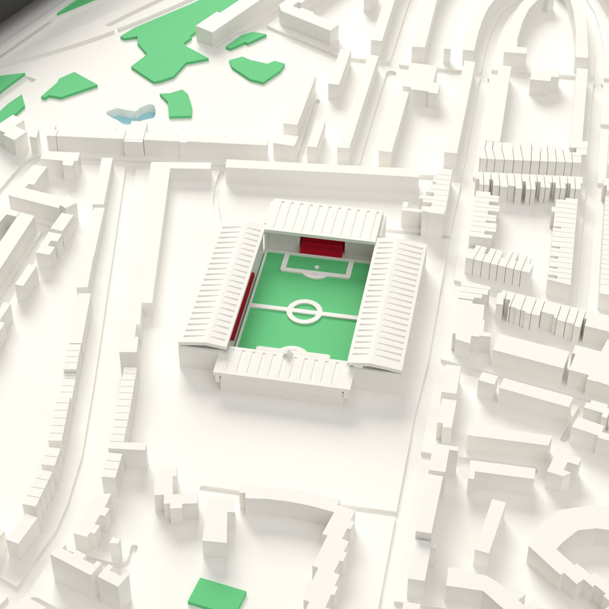 3D Highbury Map Framed - The old Highbury on the 3D printed map, seen from above the corner of the ground