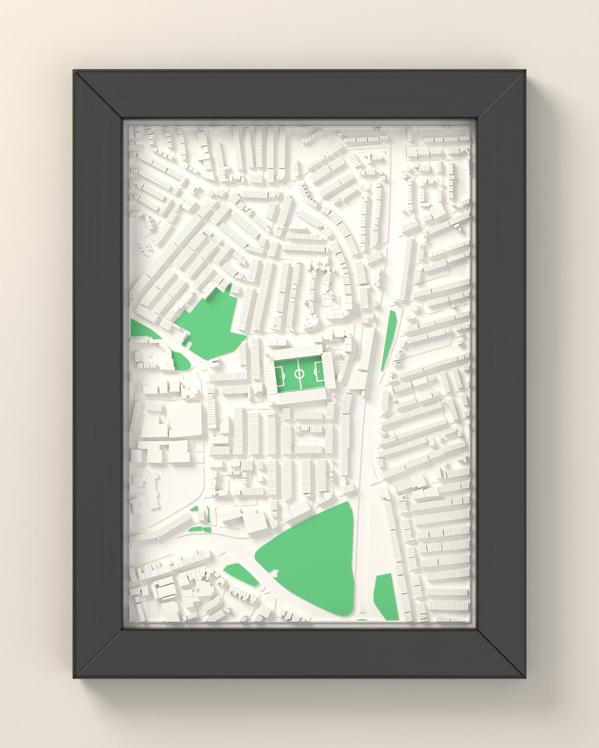 3D Highfield Road Map Framed - 3D printed Highfield Road lost ground map in a black wooden A5 frame, lit from the side