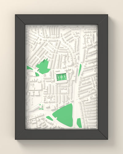 3D Highfield Road Map Framed - 3D printed Highfield Road lost ground map in a black wooden A5 frame, lit from the side