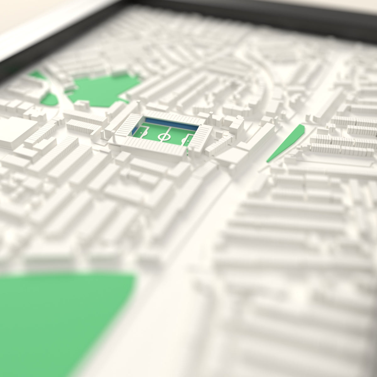 3D Highfield Road Map Framed - Close-up across the 3D map showing the old Highfield Road stands and green pitch standing up from the streets