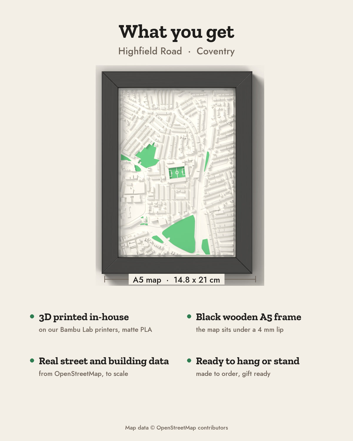 3D Highfield Road Map Framed - What you get: A5 3D stadium map, 14.8 x 21 cm, in a black wooden frame