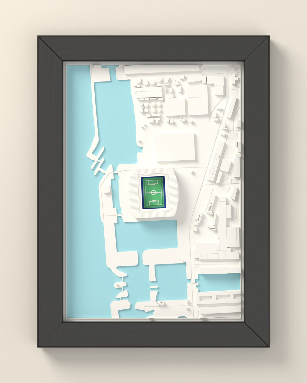 3D Hill Dickinson Stadium Map Framed - 3D printed Hill Dickinson Stadium map in a black wooden A5 frame, lit from the side