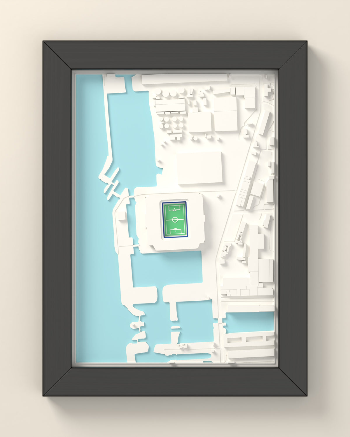 3D Hill Dickinson Stadium Map Framed - 3D printed Hill Dickinson Stadium map in a black wooden A5 frame, lit from the side