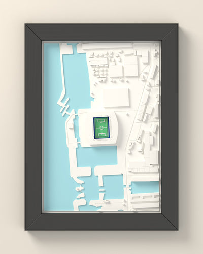 3D Hill Dickinson Stadium Map Framed - 3D printed Hill Dickinson Stadium map in a black wooden A5 frame, lit from the side