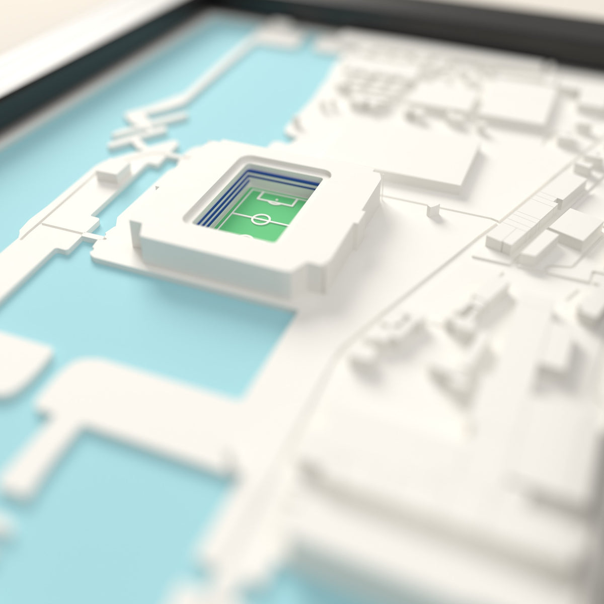 3D Hill Dickinson Stadium Map Framed - Close-up across the 3D map: the real Hill Dickinson Stadium stands with royal blue seats around the green pitch