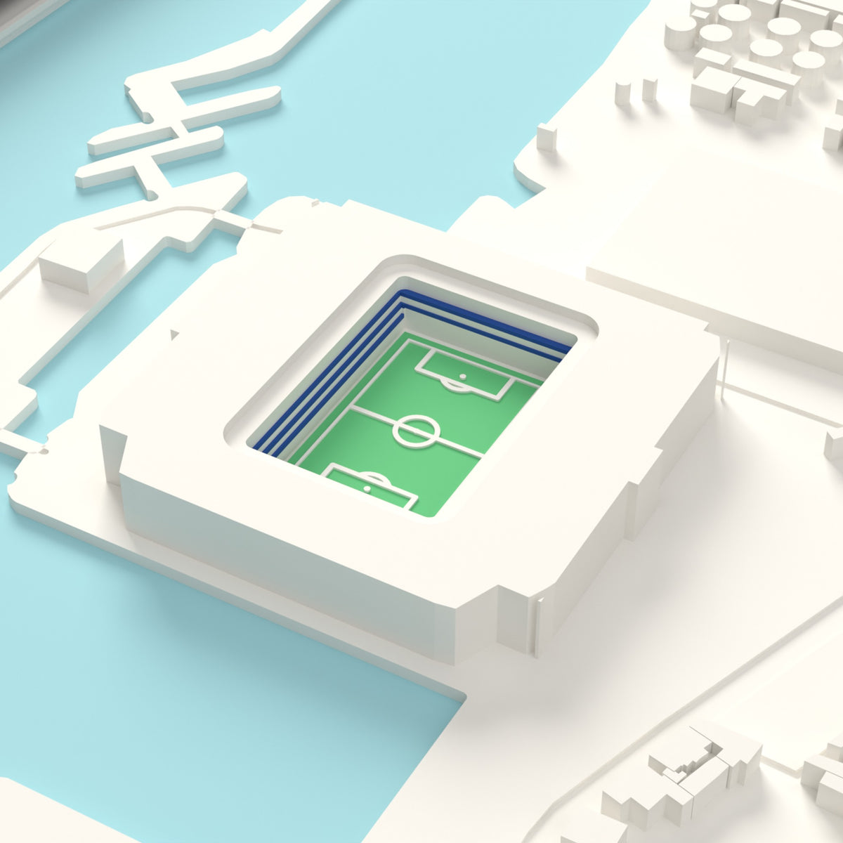 3D Hill Dickinson Stadium Map Framed - Detail of the 3D printed Hill Dickinson Stadium: every stand modelled from the real ground, seats in royal blue