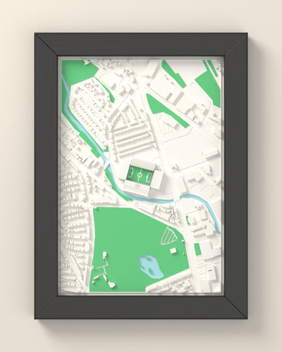 3D Hillsborough Map Framed - 3D printed Hillsborough map in a black wooden A5 frame, lit from the side
