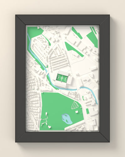 3D Hillsborough Map Framed - 3D printed Hillsborough map in a black wooden A5 frame, lit from the side