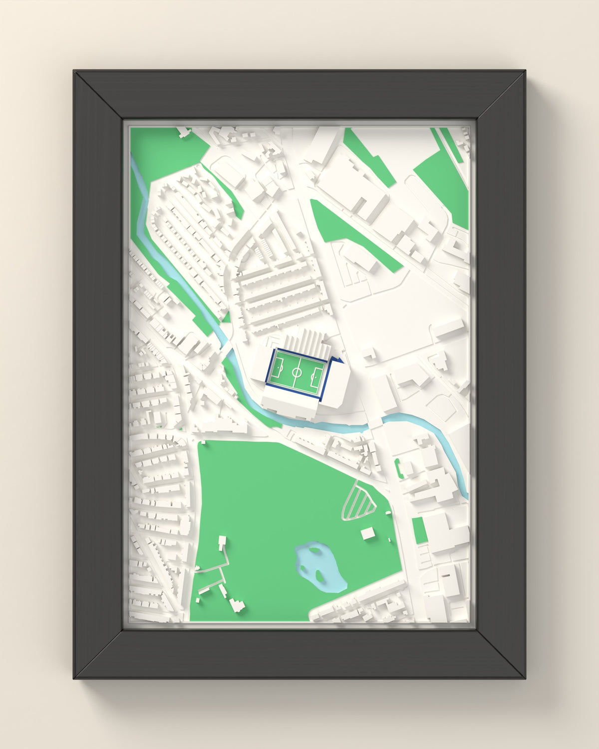 3D Hillsborough Map Framed - 3D printed Hillsborough map in a black wooden A5 frame, lit from the side
