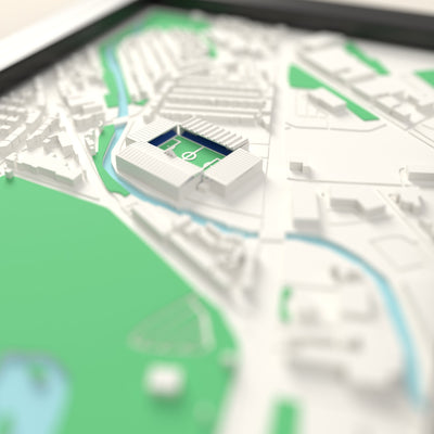 3D Hillsborough Map Framed - Close-up across the 3D map: the real Hillsborough stands with royal blue seats around the green pitch