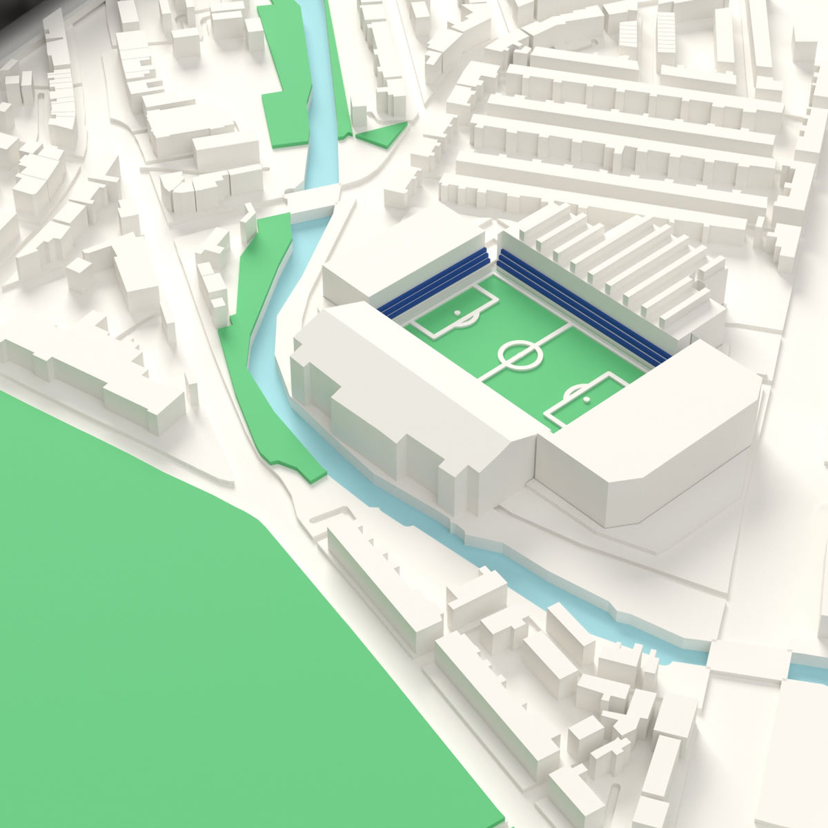 3D Hillsborough Map Framed - Detail of the 3D printed Hillsborough: every stand modelled from the real ground, seats in royal blue