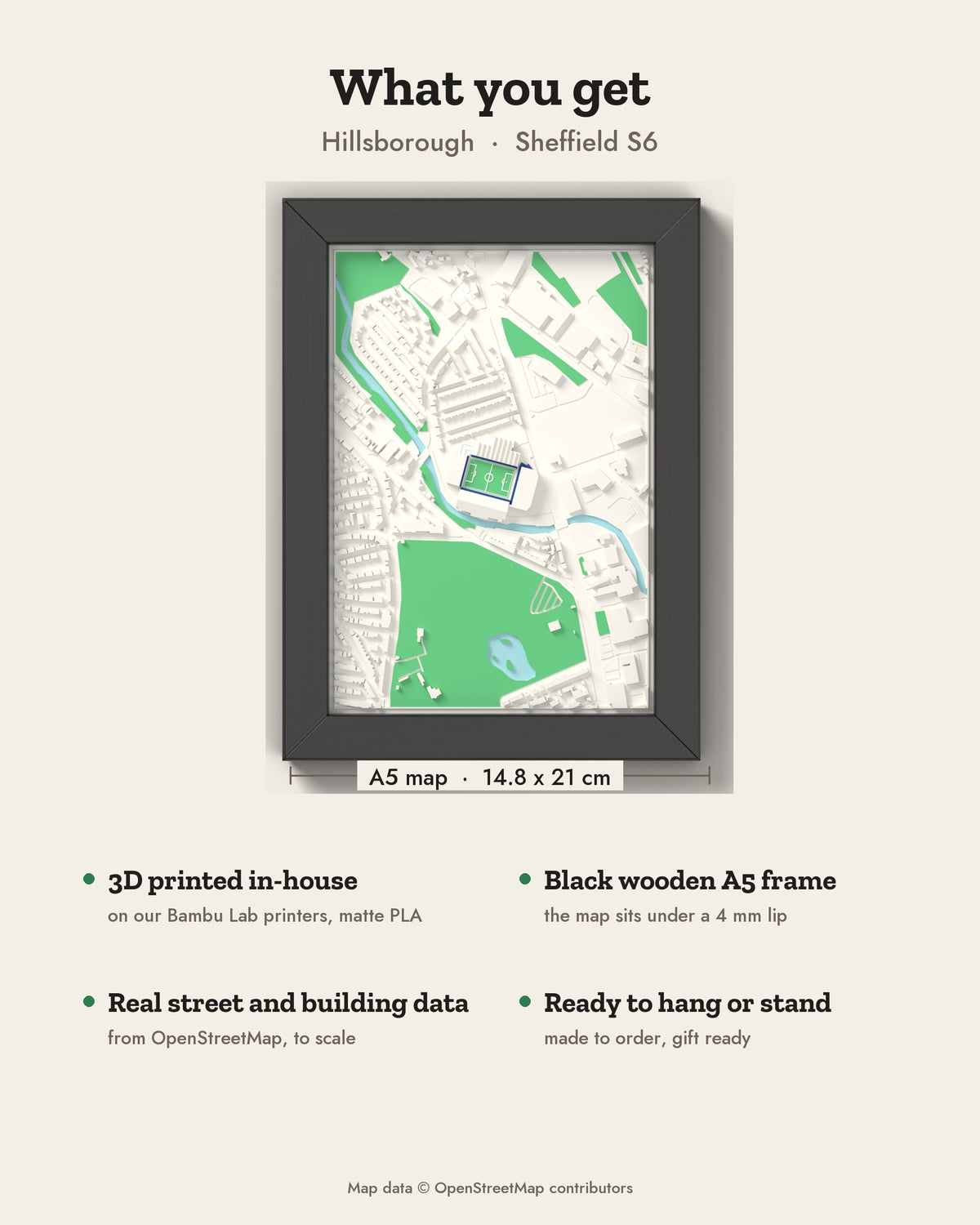 3D Hillsborough Map Framed - What you get: A5 3D stadium map, 14.8 x 21 cm, in a black wooden frame