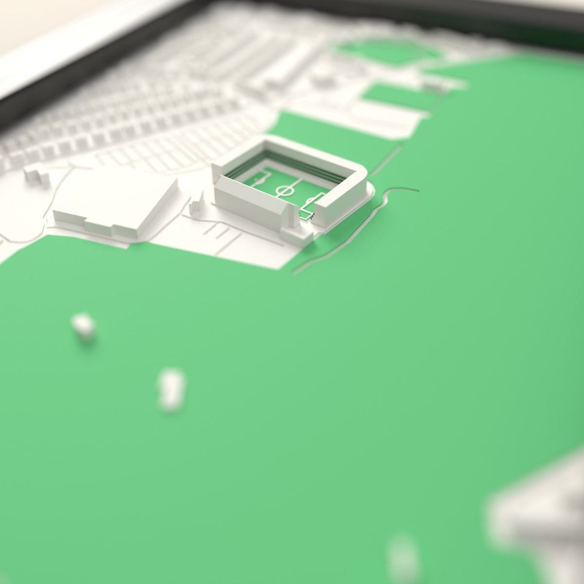 3D Home Park Map Framed - Close-up across the 3D map: the real Home Park stands with green seats around the green pitch